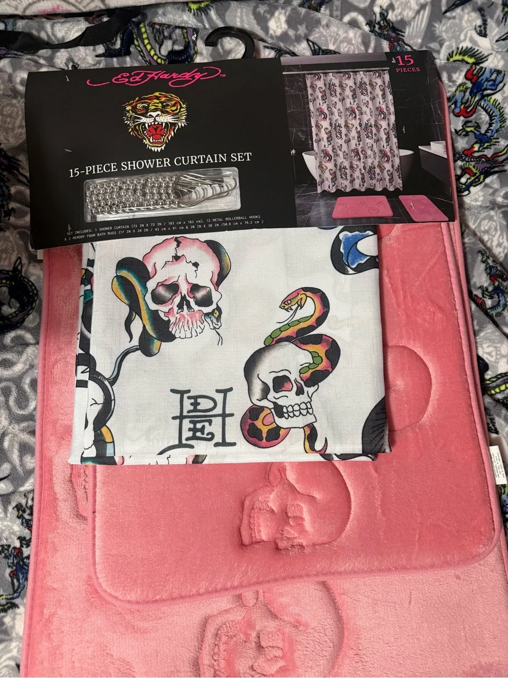 Ed Hardy Skull & Snake Shower Curtain Set in Pink